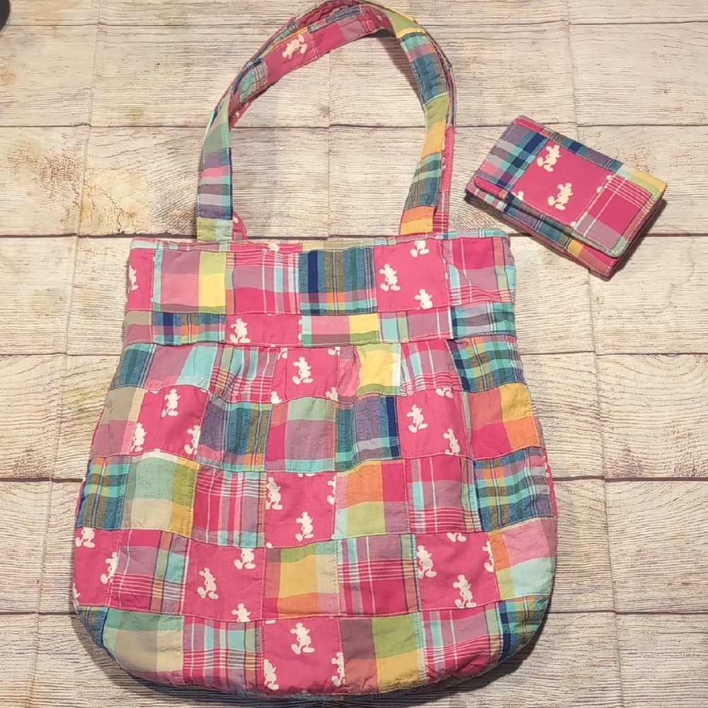 Disney Parks Mickey Mouse Colorful Patch Work Tote With Matching Wallet